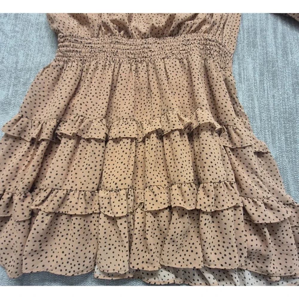 Mustard Seed tan black polka dot mini dress M ruffle tiered smocked waist bohp‎